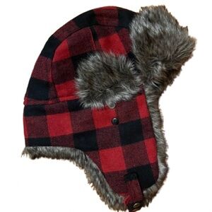 Swiss Tech Red & Black Buffalo Plaid Faux Fur Trapper Hat One Size